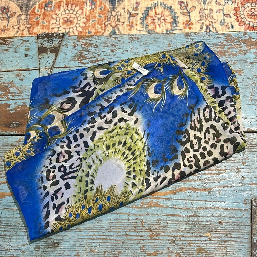 Vintage Lavello Chiffon Cowl Scarf Peacock Feather motif Infinity style